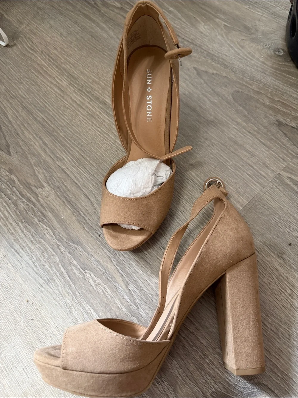 Sun + Stone Tan Suede Platform Block Heel Sandals